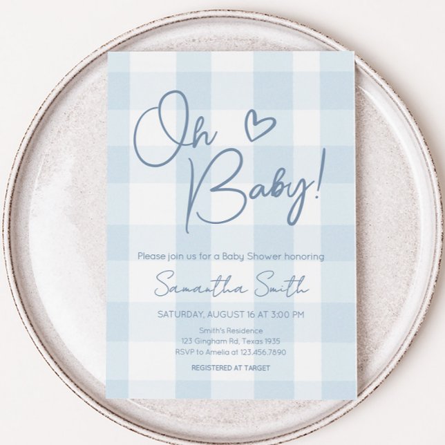 Convites Chá de fraldas Blue Gingham ( Blue Gingham Oh Boy Baby Shower Invitation)