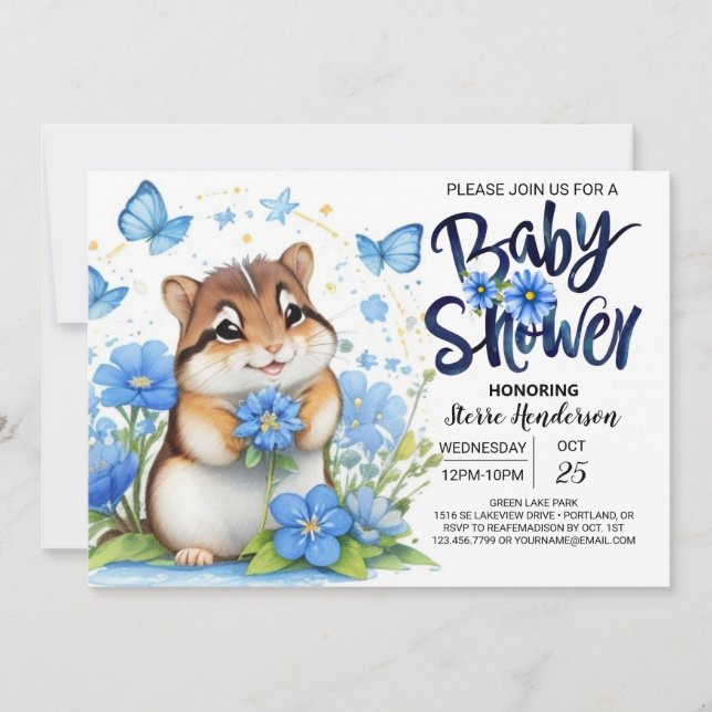 Convites Chá de fraldas Bluebell Whimsy Chipmunk Blue Boy (Frente)