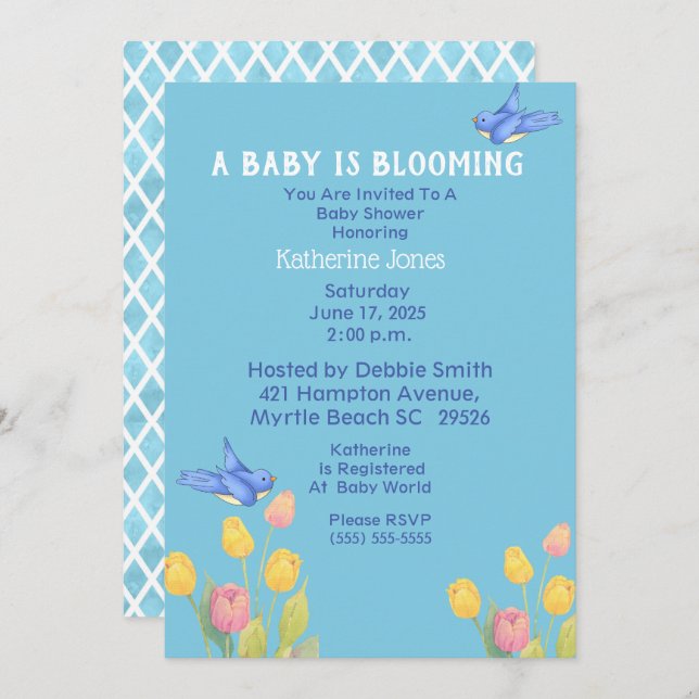 Convites Chá de fraldas Bluebird /Um Bebê Está Bloqueando (Frente/Verso)