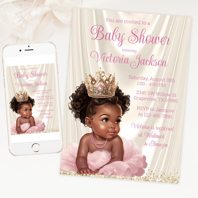 Convites Chá de fraldas Blush Dourado African Princess (Pink and gold tutu princess baby shower invitation for print and digital download.)