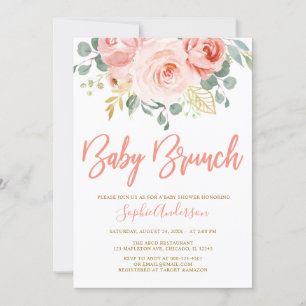 Convites Chá de fraldas Blush Dourado Floral Bebê Rosa Brun