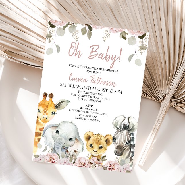 Convites Chá de fraldas Blush Floral Eucalyptus Safari (Girls safari themed baby shower invitation featuring four cute animals and blush floral arrangements)