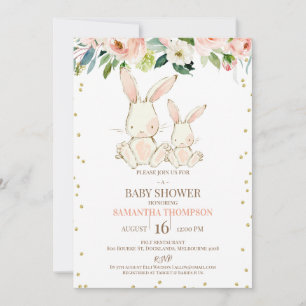 Convites Chá de fraldas Blush Floral White Bunnies Girls
