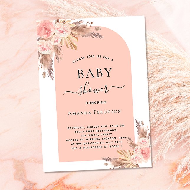 Convites Chá de fraldas blush pampas rosa de ouro luxo (Criador carregado)