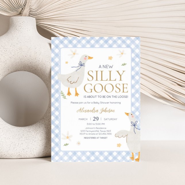Convites Chá de fraldas Bobo Goose Gingham (Blue Gingham Silly Goose Baby Shower Invitation)