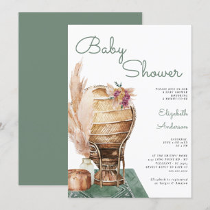 Convites Chá de fraldas Bohemian Eucalyptus Green Pampas B