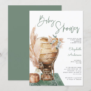 Convites Chá de fraldas Bohemian Eucalyptus Green Pampas B