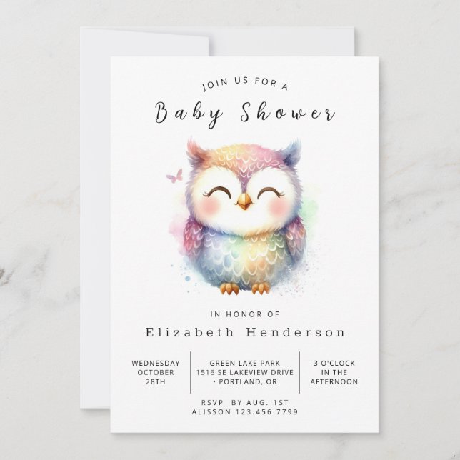 Convites Chá de fraldas Bohemian Graceful Owl (Frente)