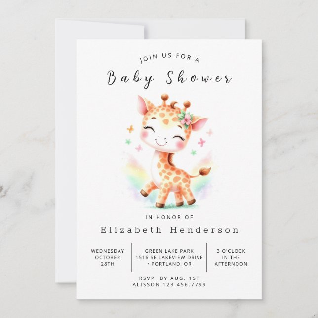 Convites Chá de fraldas Bohemian Printable Giraffe (Frente)