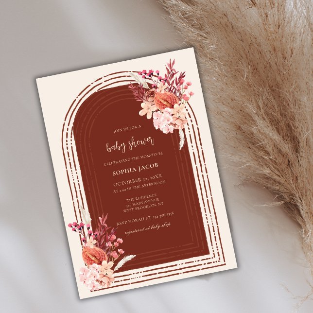 Convites Chá de fraldas Bohemian Terracotta Floral Arch (Bohemian Terracotta Floral Arch Baby Shower Invitation)