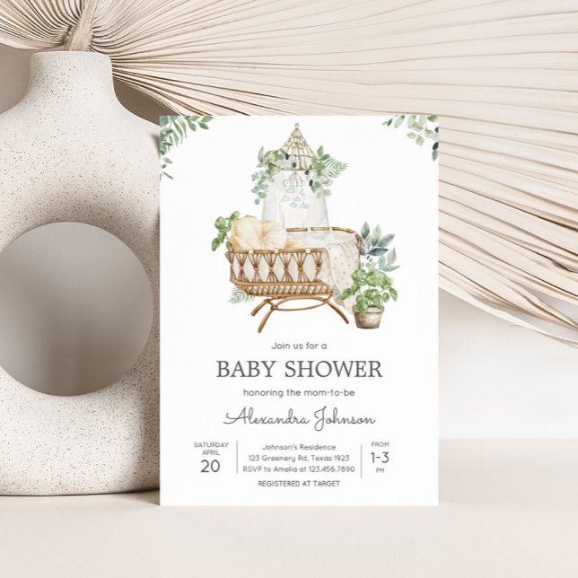 Convites Chá de fraldas Boho Baby Crib (Boho Baby Crib Eucalyptus Baby Shower Invitation)