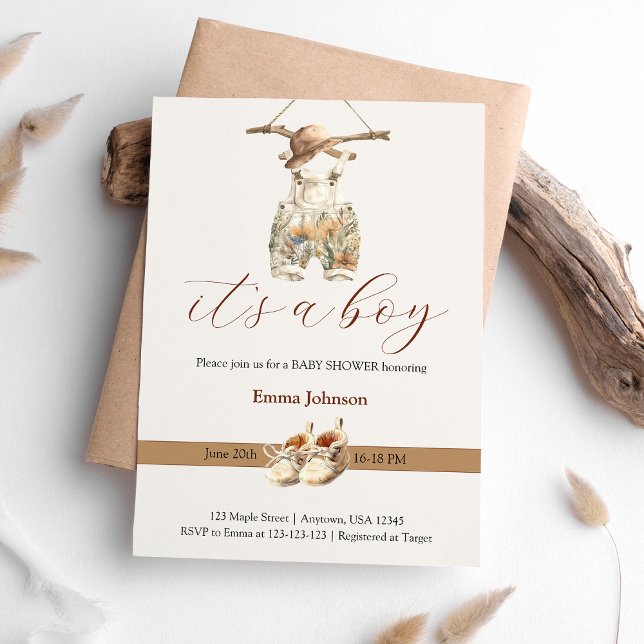 Convites Chá de fraldas Boho Beige Tan Brown White Boy (Boho Beige Tan Brown White Boy Baby Shower Invitation)