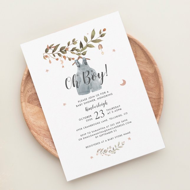Convites Chá de fraldas Boho Boy Botânico Watercolor (Oh Boy Boho Baby Shower Invitation)
