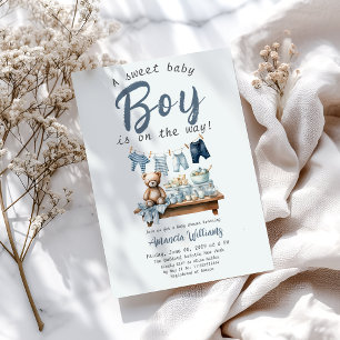Convites Chá de fraldas Boho Clothesline Sweet Blue Boy