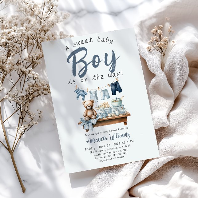Convites Chá de fraldas Boho Clothesline Sweet Blue Boy (Criador carregado)
