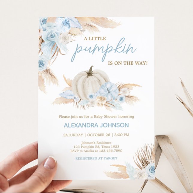 Convites Chá de fraldas Boho Dusty Blue Pumpkin (Boy Little Pumpkin Baby Shower Invitation)