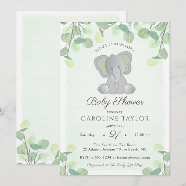 Convites Chá de fraldas Boho Elephant Watercolor Greenery (Frente/Verso)