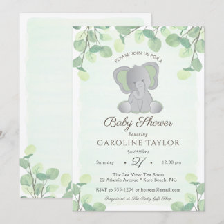 Convites Chá de fraldas Boho Elephant Watercolor Greenery