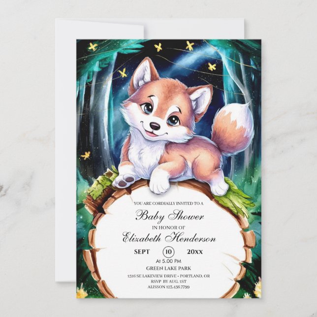 Convites Chá de fraldas Boho Magical Wolf (Frente)