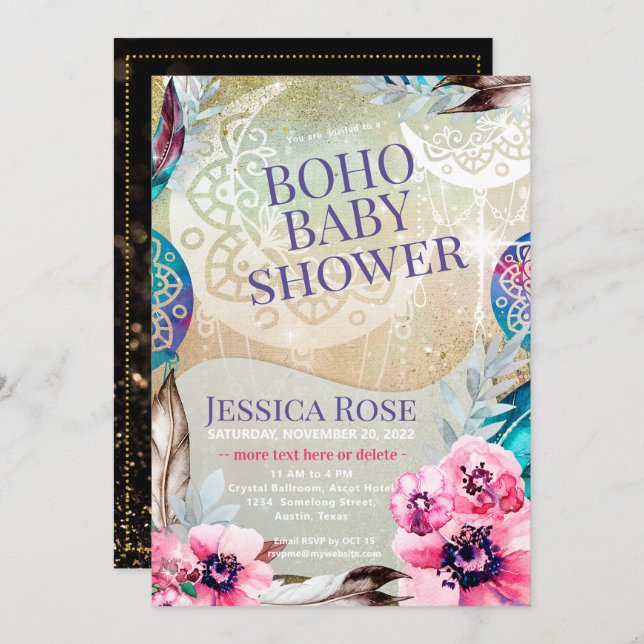 Convites Chá de fraldas Boho Moon Mama (Frente/Verso)