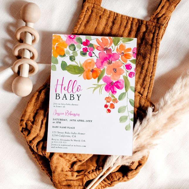 Convites Chá de fraldas Boho orange floral de aquarela (Boho orange floral watercolor hello baby shower invitation)