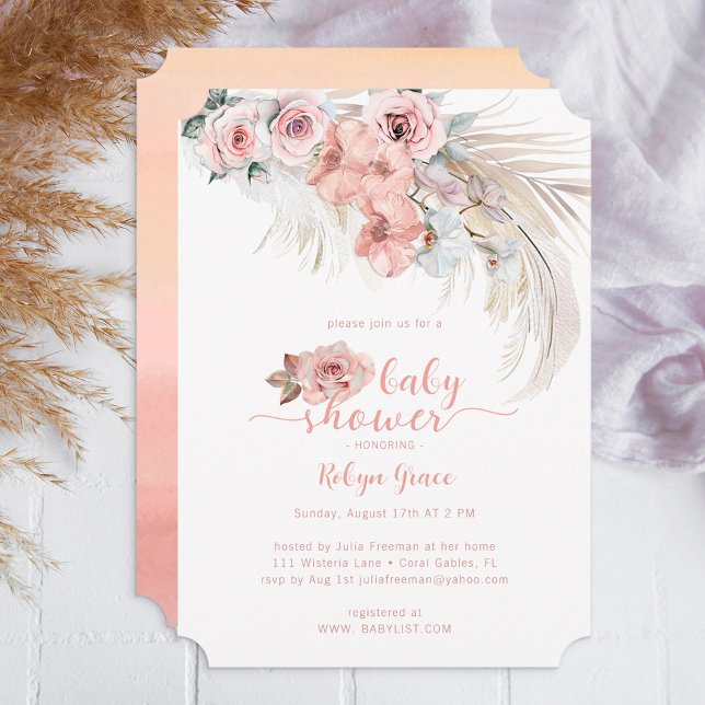 Convites Chá de fraldas Boho Pampas Convide Blush Floral (Boho Floral Baby Shower Invite)