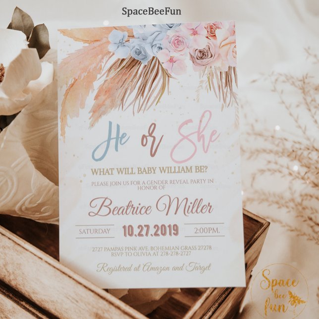 Convites Chá de fraldas Boho Pampas Grass Gênero revela con (Boho Pampas Grass Baby Shower He or She Invitation Boy Girl Bohemian Tropical Gold Invites )