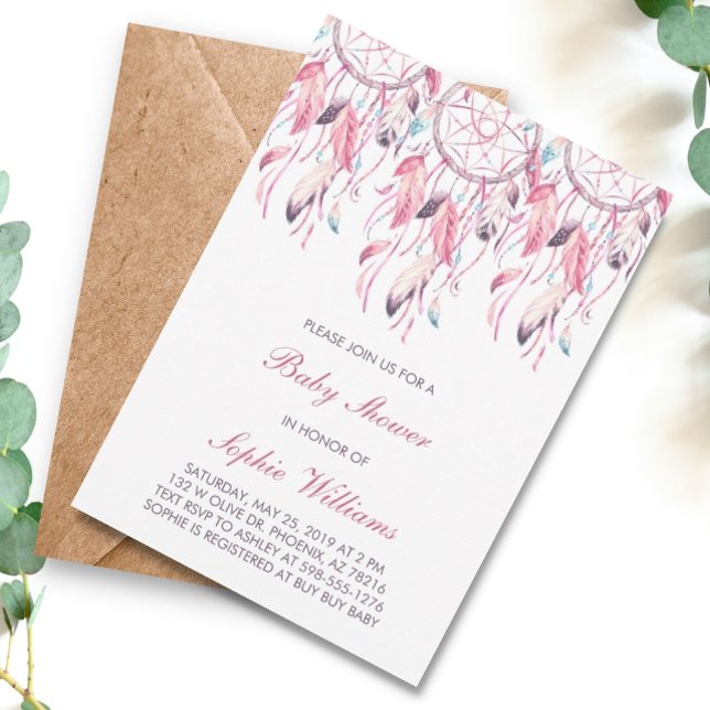 Convites Chá de fraldas Boho Pink Dreamcatcher (Criador carregado)
