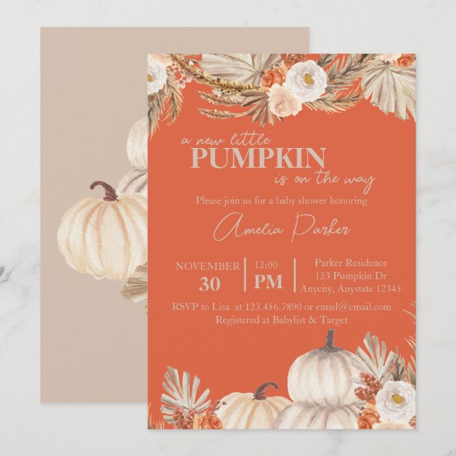Convites Chá de fraldas Boho Pumpkin (Frente/Verso)