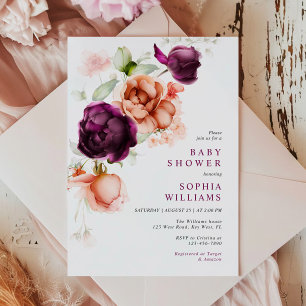 Convites Chá de fraldas Boho Purple & Peach Flowers