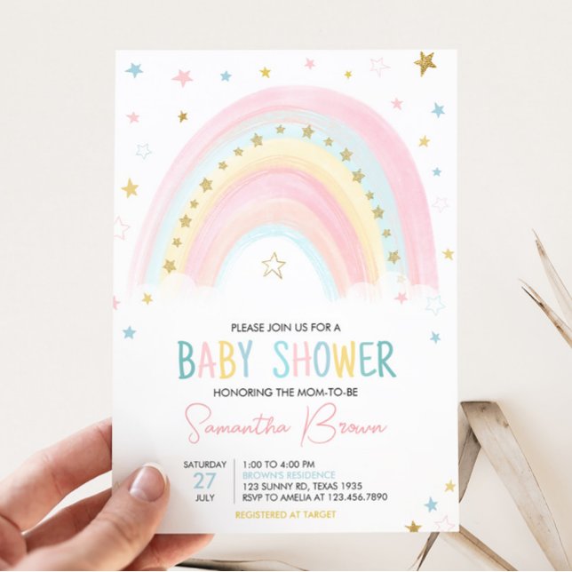 Convites Chá de fraldas Boho Rainbow (Pink Rainbow Baby Shower Invitation)