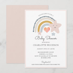 Convites Chá de fraldas Boho Rainbow Pink Heart Girl