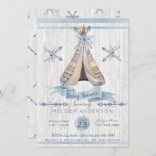 Convites Chá de fraldas Boho Rustic Tipi & Arrows Blue Boy