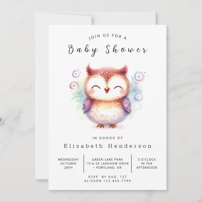 Convites Chá de fraldas Boho Watercolor Owl (Frente)