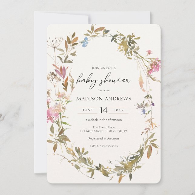 Convites Chá de fraldas Boho Wreath (Frente)