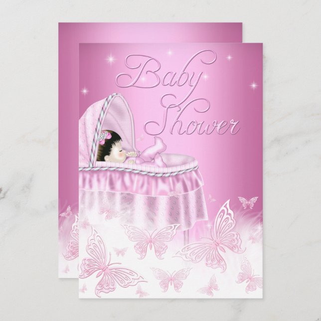 Convites Chá de fraldas bonito de borboleta cor-de-rosa (Frente/Verso)