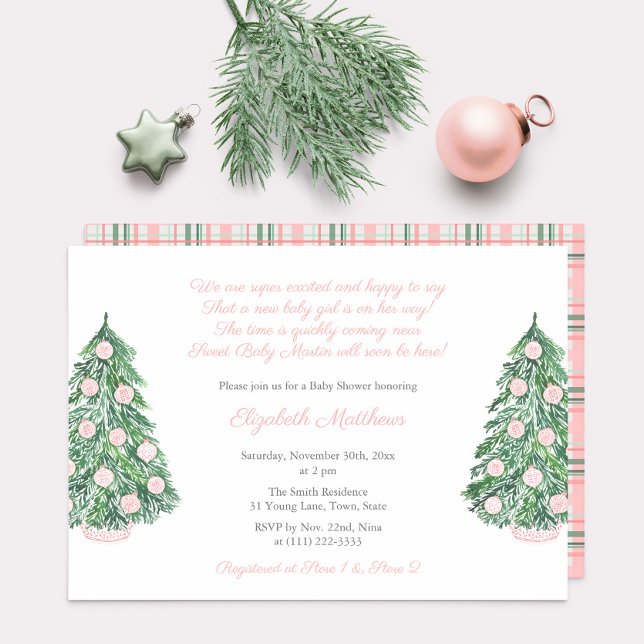 Convites Chá de fraldas bonito de Chinoiserie de Natal Rosa (Pink Chinoiserie Holiday Trees girl baby shower party invitation)