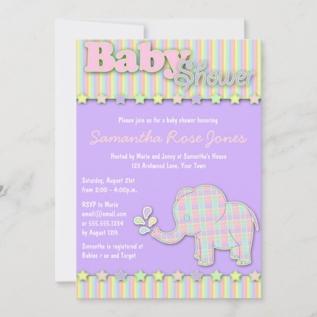 Convites Chá de fraldas Bonito de Elefante Pastel (Frente)