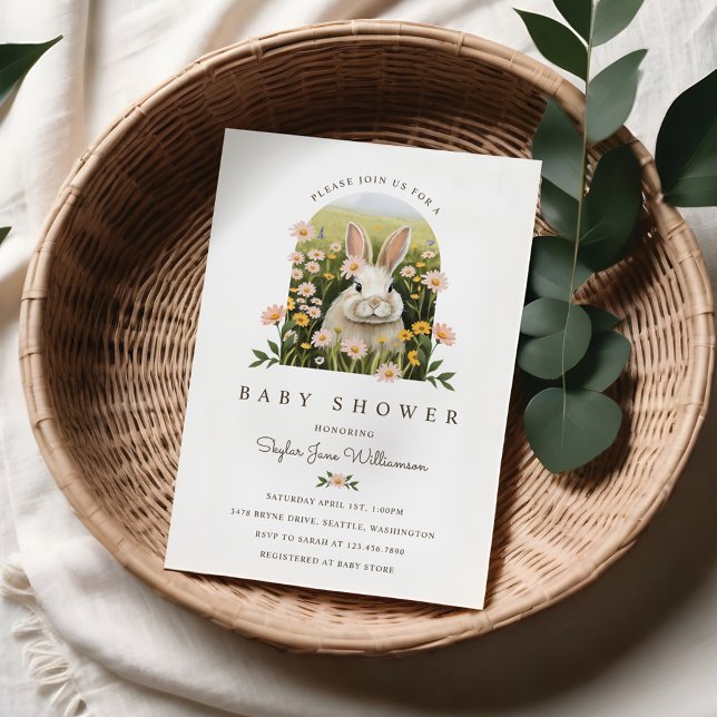 Convites Chá de fraldas Bonito de Flores Selvagens (Cute Country Bunny Wildflowers Girl Baby Shower Invitation)
