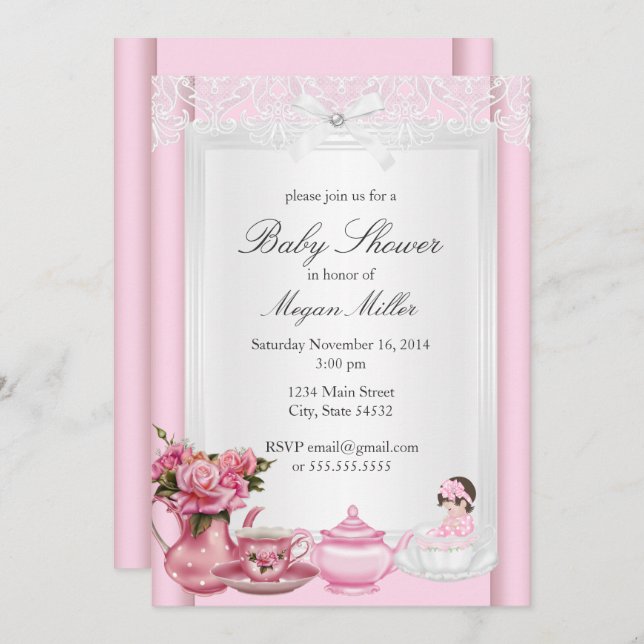 Convites Chá de fraldas bonito de Garota Alta Rosa (Frente/Verso)