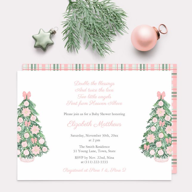 Convites Chá de fraldas bonito de Gêmeas de Natal Verde Ros (Maximalist pink chinoiserie, poinsettia and bows invitation for twin baby girls shower party)