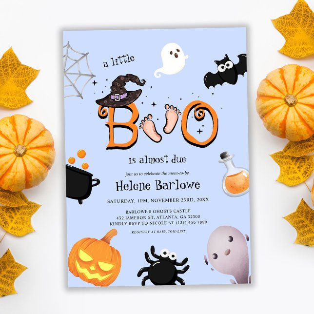 Convites Chá de fraldas Bonito de Halloween Boo (Blue Little Boo Halloween Baby Shower Invitation)