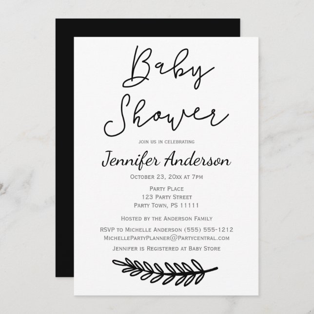 Convites Chá de fraldas botânico floral branco preto (Frente/Verso)