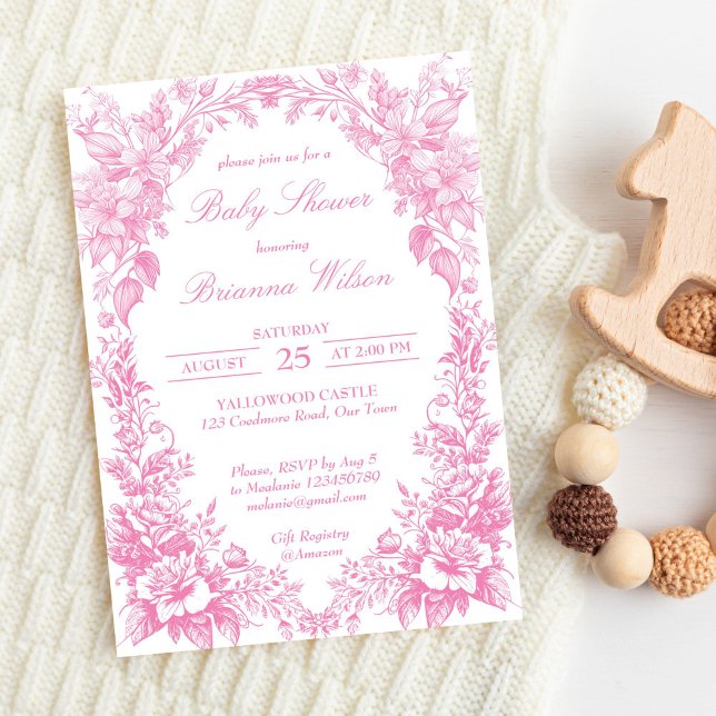 Convites Chá de fraldas botânico francês rosa-Elegante (Elegant pink French toile botanical girl baby shower Invitation editable template instant download)