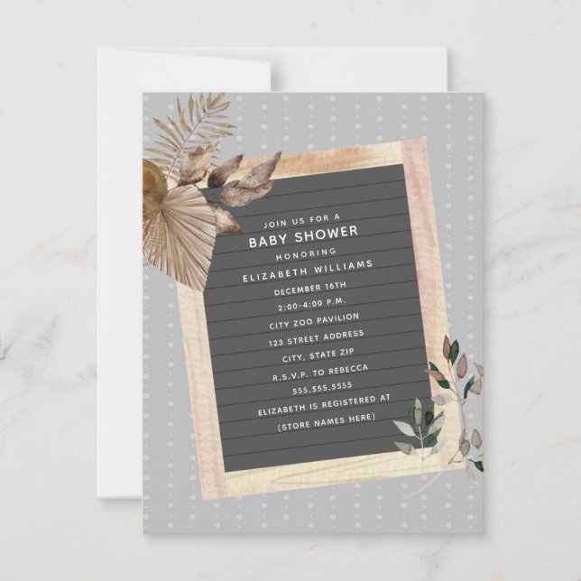 Convites Chá de fraldas Botânico Letterboard (Frente)