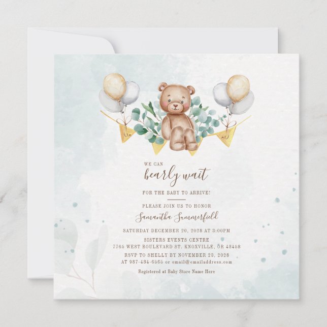 Convites Chá de fraldas Botânico Russo Eucalyptus Urso Cint (Frente)