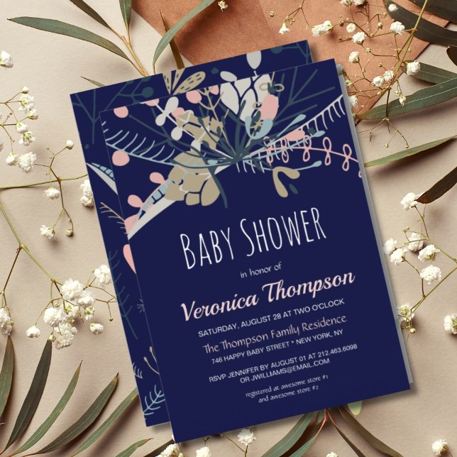 Convites Chá de fraldas Botânico Rustic Dark Blue & Pastel (RUSTIC DARK BLUE BOTANICAL BABY SHOWER INVITATION)