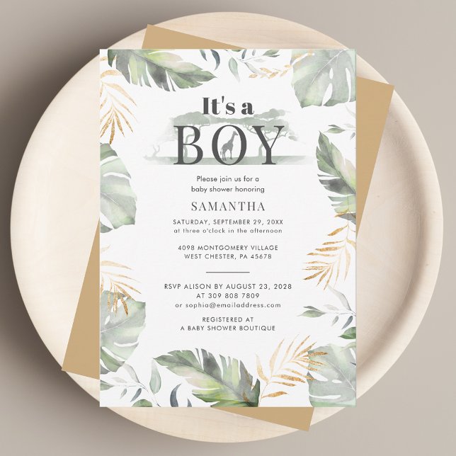 Convites Chá de fraldas Botânico Selvagem Safari Selvagem (Its A Boy Jungle Baby Shower Invitation)
