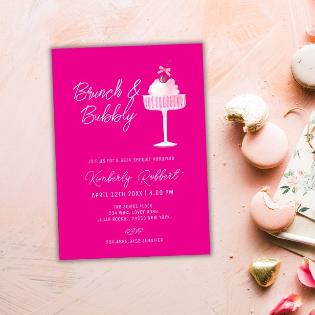Convites Chá de fraldas Branca de Cereja Rosa, Champanhe Br (Pink Sweet Cherry Champagne Brunch Baby Shower Invitation)
