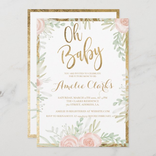 Convites Chá de fraldas branco chic, borda de ouro floral c (Frente/Verso)